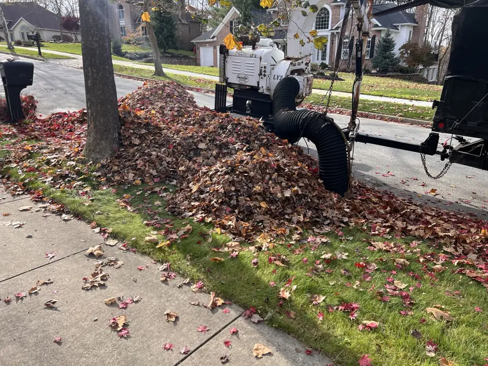 Our leaf pickup equipment collecting a prepared curbside pile in Cuyahoga Falls, Ohio