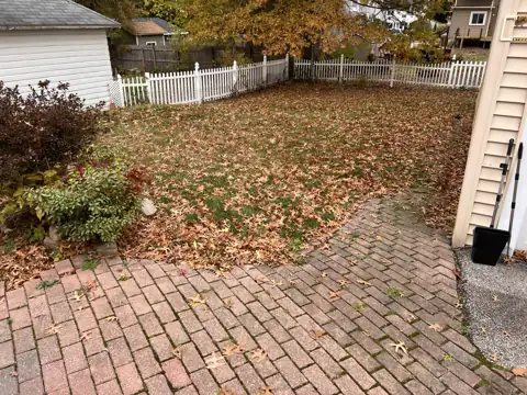 Leaves on a backyard lawn beside a brick patio before cleanup