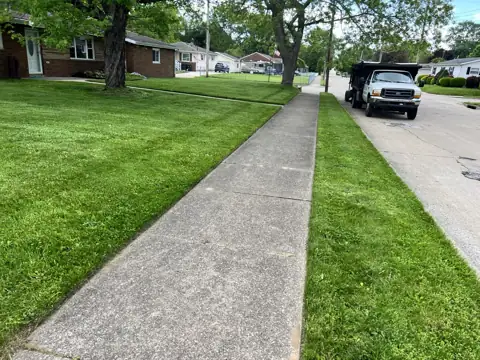 A maintained lawn beside a sidewalk and curb