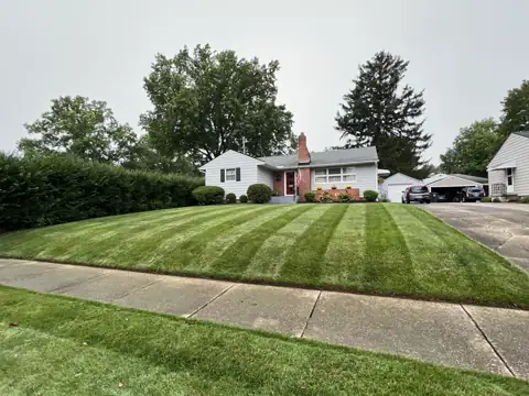 Mowing stripes on a front lawn beside a sidewalk